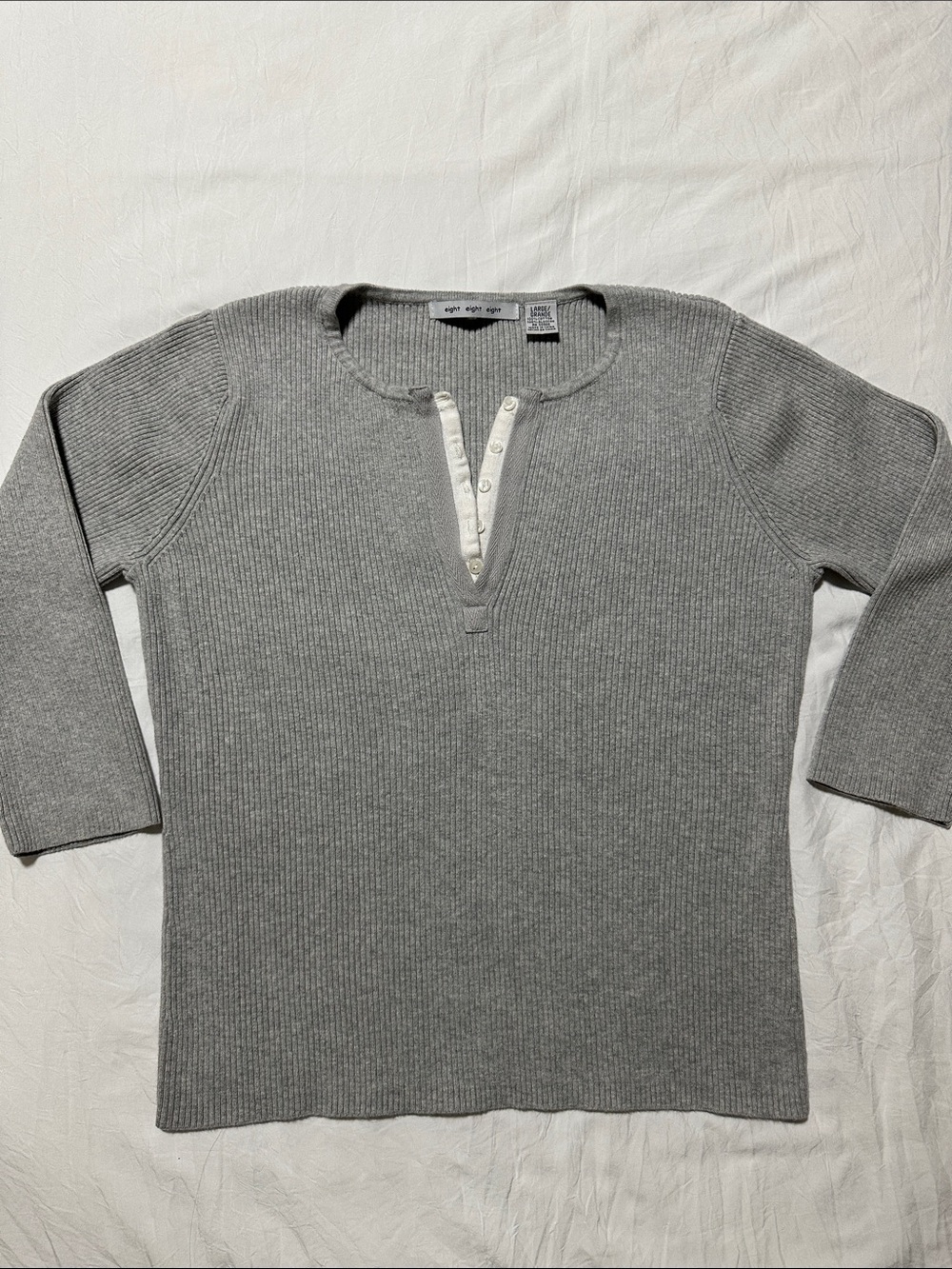 Vintage eight eight eight Grey Ribbed Henley Top - Size L